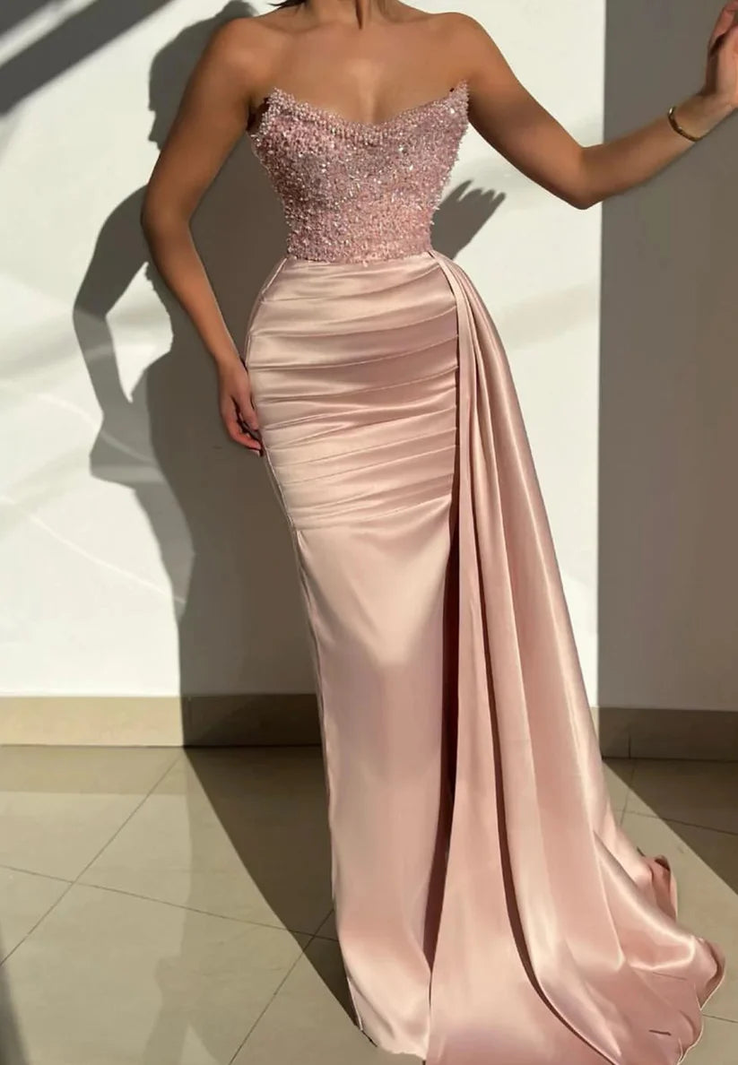 V-Neck Sleeveless Beaded Pleated Mermaid Prom Dress simple gentle atmospheric and unique desi Bring summer colors to enhance whiteness