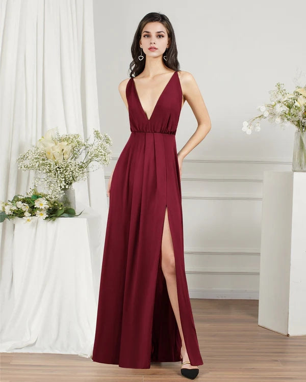 V-Neck Sleeveless Bridesmaid Dresses Long With Slit Simple gentle atmospheric and unique design