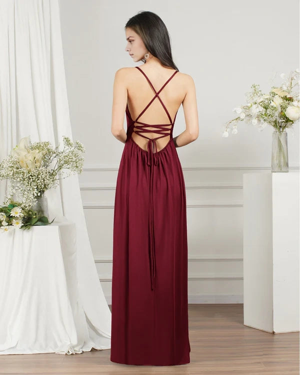V-Neck Sleeveless Bridesmaid Dresses Long With Slit Simple gentle atmospheric and unique design