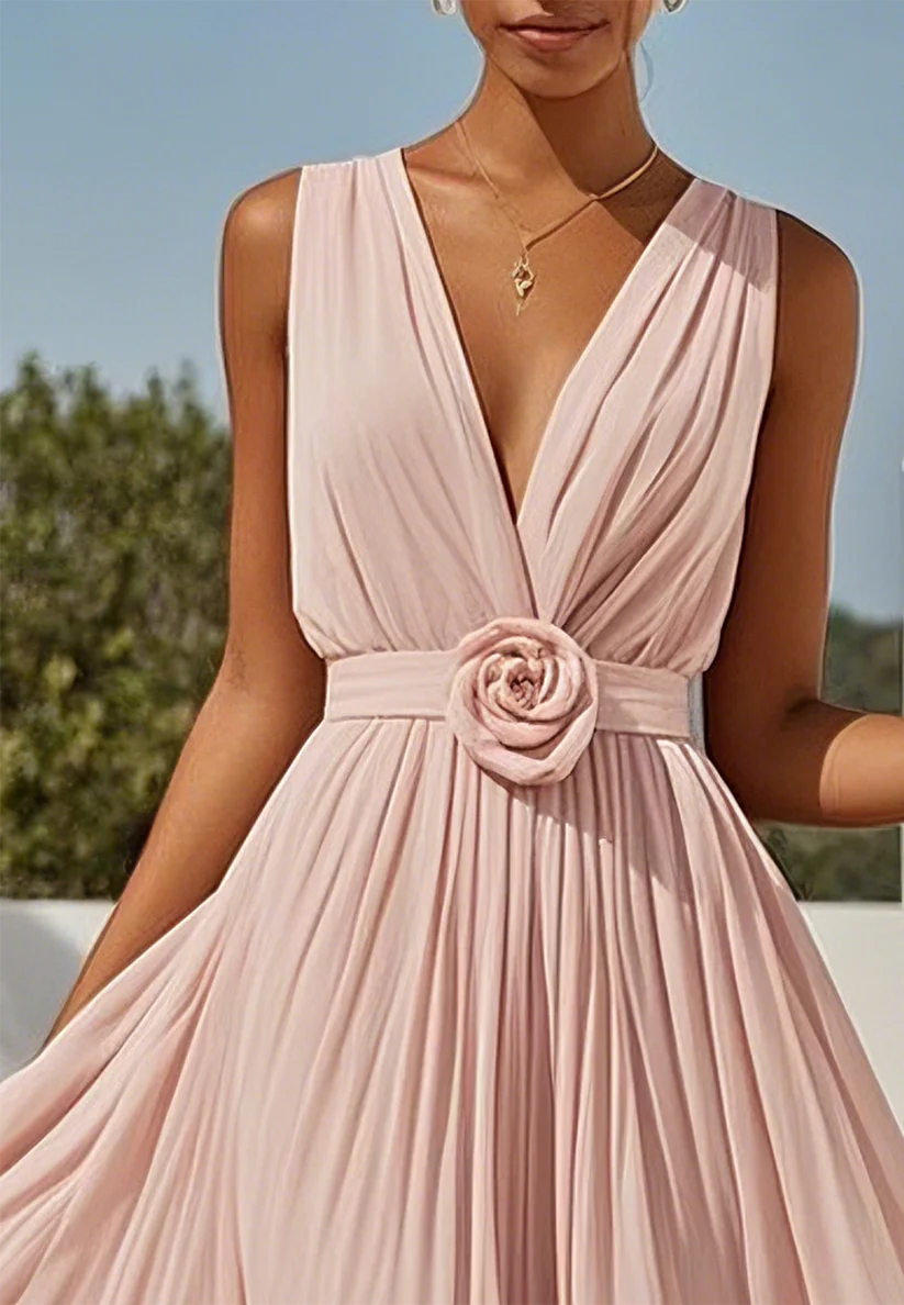 V-Neck Sleeveless Chiffon Pleated A-Line Cocktail Dress simple gentle atmospheric and unique desi Bring summer colors to enhance whiteness ﻿