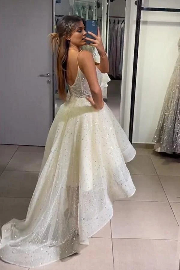 V-Neck Sleeveless Daffodil Prom Dresses Hi-Lo With Sequins Beads Simple gentle atmospheric and unique design