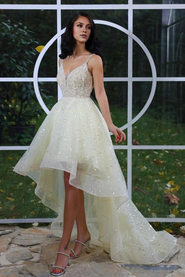 V-Neck Sleeveless Daffodil Prom Dresses Hi-Lo With Sequins Beads Simple gentle atmospheric and unique design