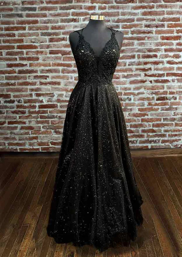 V-Neck Sleeveless Long Tulle Prom Dress/Evening Dress with Appliques & Beading