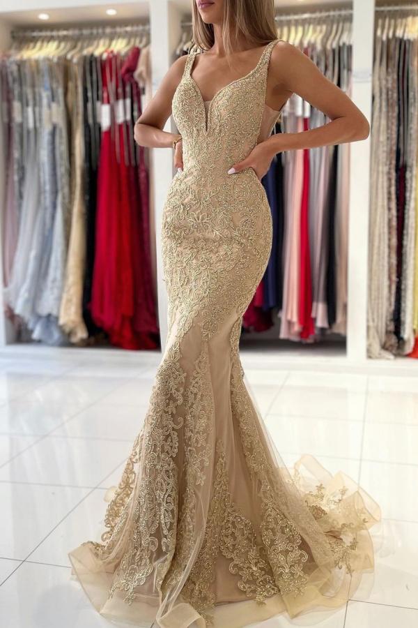 V-Neck Sleeveless Mermaid Prom Dress With Gold Appliques Simple gentle atmospheric and unique design