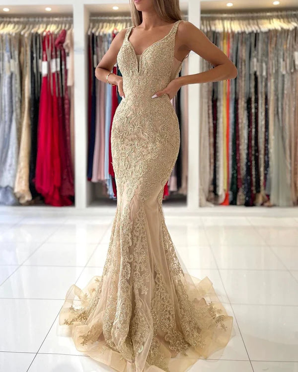 V-Neck Sleeveless Mermaid Prom Dress With Gold Appliques Simple gentle atmospheric and unique design