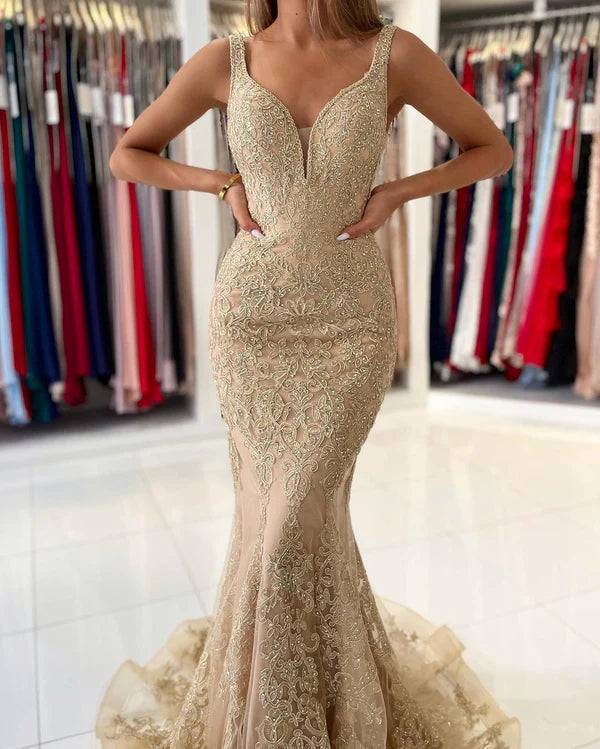 V-Neck Sleeveless Mermaid Prom Dress With Gold Appliques Simple gentle atmospheric and unique design