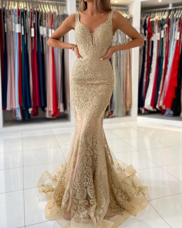 V-Neck Sleeveless Mermaid Prom Dress With Gold Appliques Simple gentle atmospheric and unique design