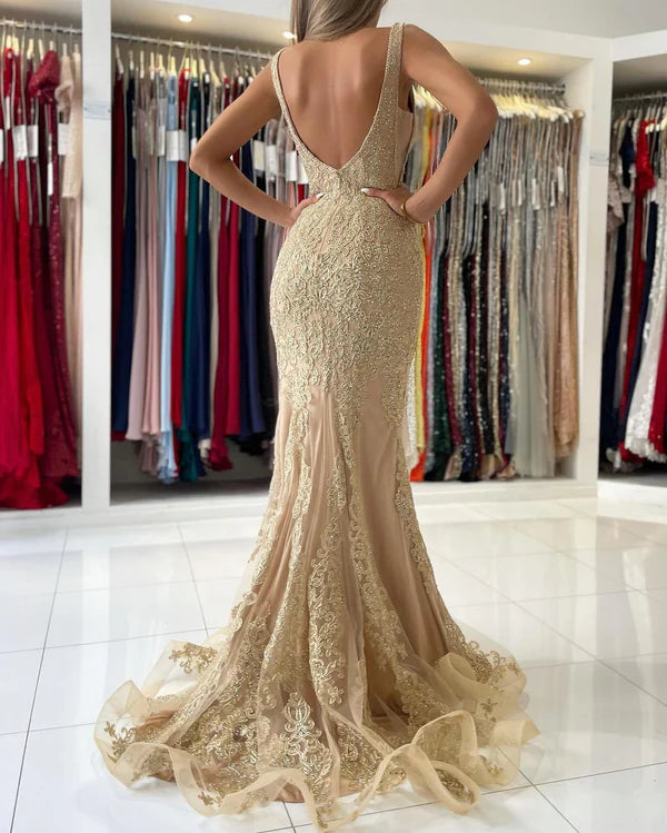 V-Neck Sleeveless Mermaid Prom Dress With Gold Appliques Simple gentle atmospheric and unique design