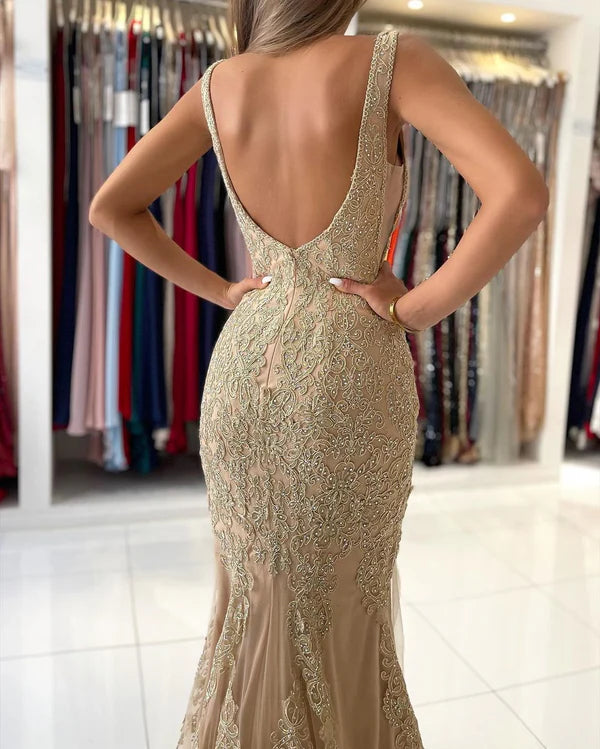V-Neck Sleeveless Mermaid Prom Dress With Gold Appliques Simple gentle atmospheric and unique design