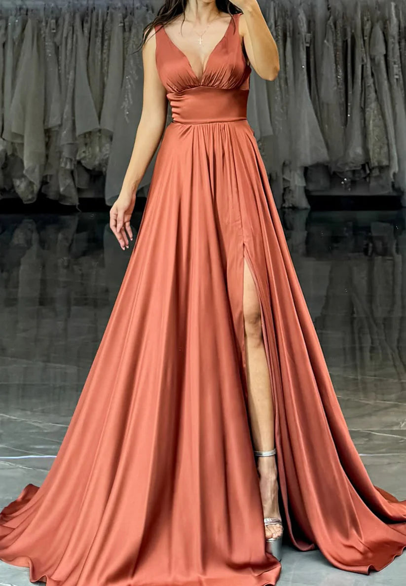 V-Neck Sleeveless Pleated High Slit A-Line Prom Dress simple gentle atmospheric and unique desi Bring summer colors to enhance whiteness