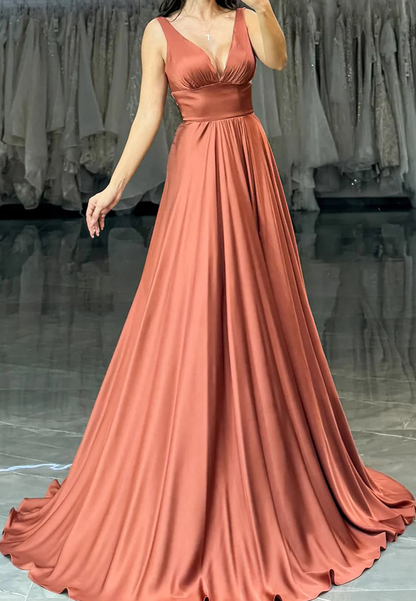 V-Neck Sleeveless Pleated High Slit A-Line Prom Dress simple gentle atmospheric and unique desi Bring summer colors to enhance whiteness