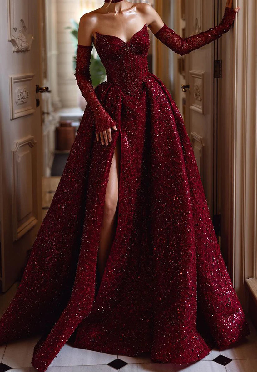 V-Neck Sleeveless Pleated Side Slit Sequins A-Line Sparkly Prom Dress simple gentle atmospheric and unique desi Bring summer colors to enhance whiteness