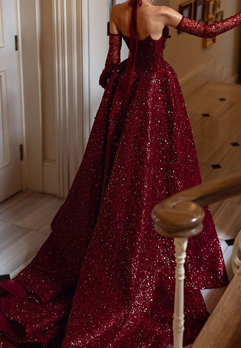 V-Neck Sleeveless Pleated Side Slit Sequins A-Line Sparkly Prom Dress simple gentle atmospheric and unique desi Bring summer colors to enhance whiteness