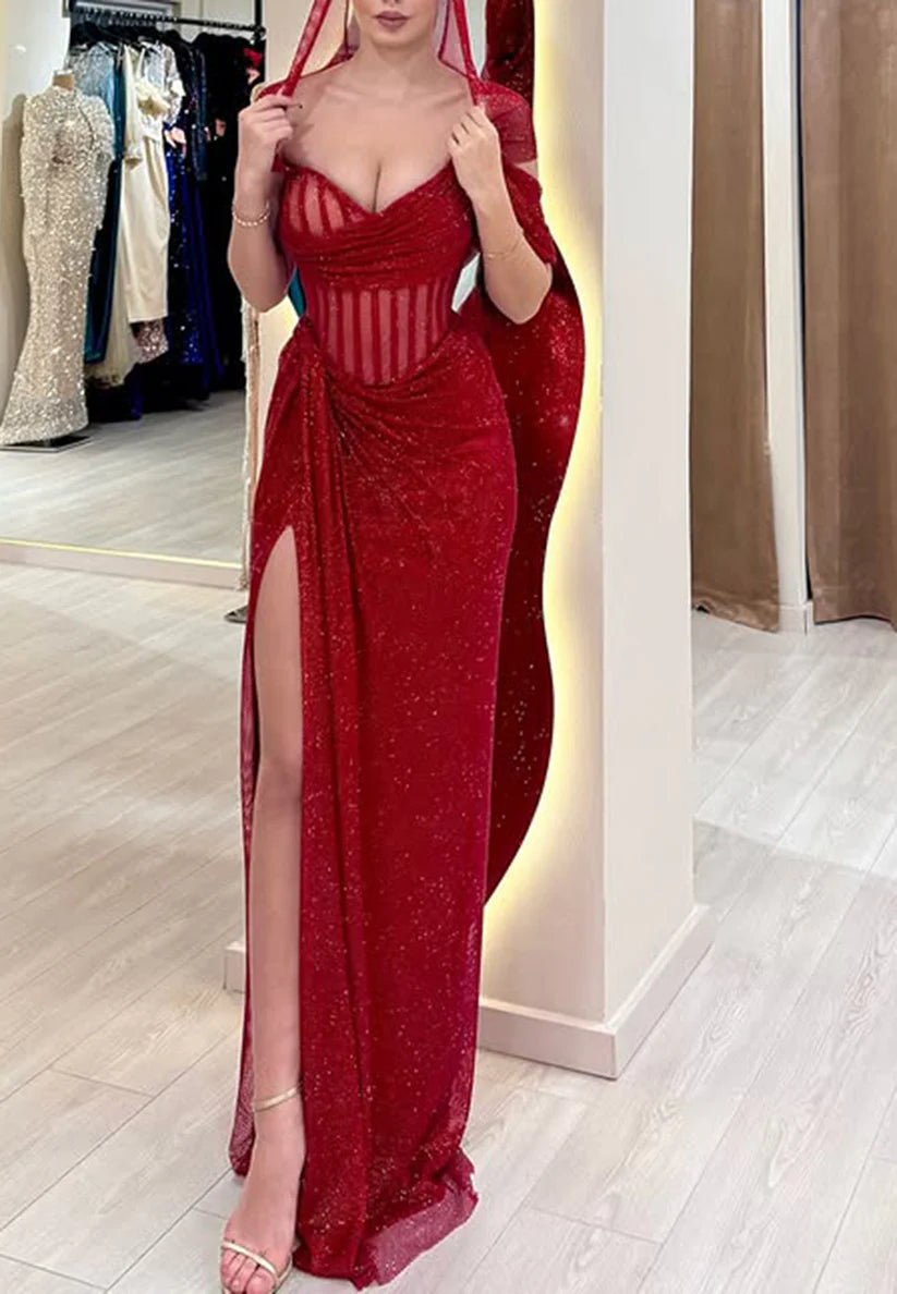 V-Neck Sleeveless Pleated Side Slit Sparkly Sheath Prom Dress simple gentle atmospheric and unique desi Bring summer colors to enhance whiteness