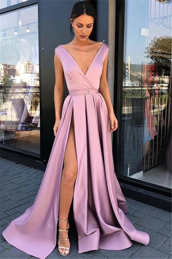 V-Neck Sleeveless Prom Dress Split Long Party Dress Simple gentle atmospheric and unique design