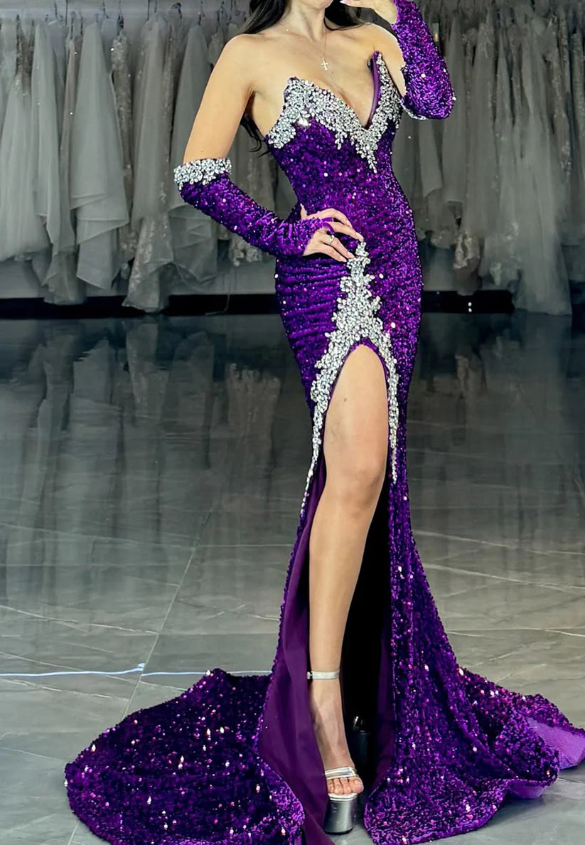 V-Neck Sleeveless Sequins Beaded Side Slit Sheath Prom Dress simple gentle atmospheric and unique desi Bring summer colors to enhance whiteness