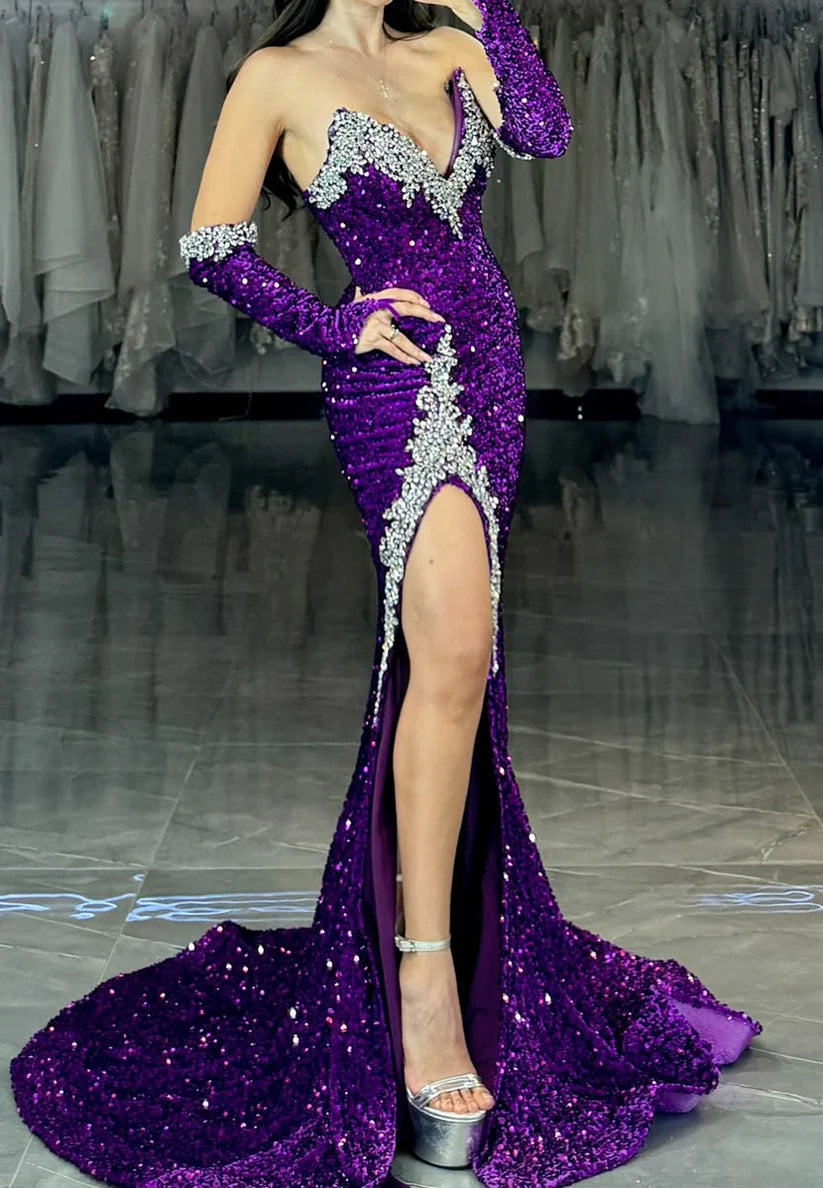 V-Neck Sleeveless Sequins Beaded Side Slit Sheath Prom Dress simple gentle atmospheric and unique desi Bring summer colors to enhance whiteness