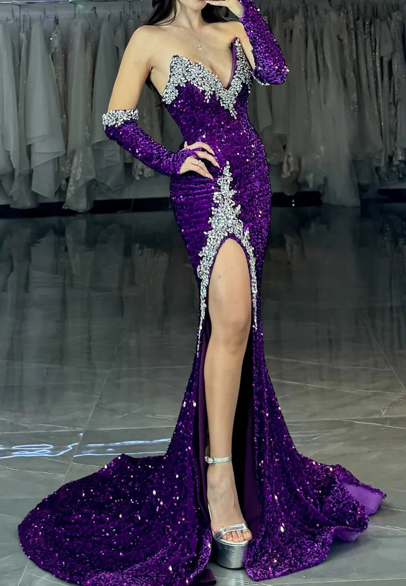 V-Neck Sleeveless Sequins Beaded Side Slit Sheath Prom Dress simple gentle atmospheric and unique desi Bring summer colors to enhance whiteness