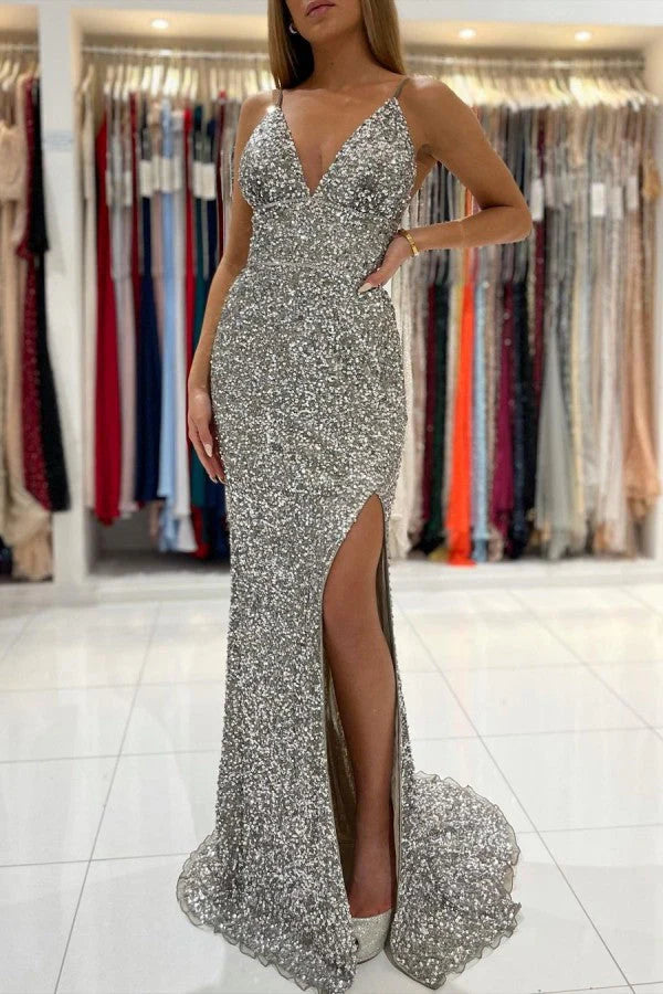 V-Neck Sleeveless Sequins Prom Dress Mermaid With Slit Simple gentle atmospheric and unique design