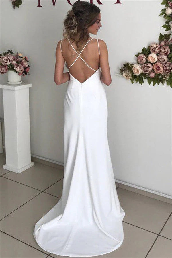 V-Neck Sleeveless Simple Wedding Dress Mermaid With Slit Simple gentle atmospheric and unique design