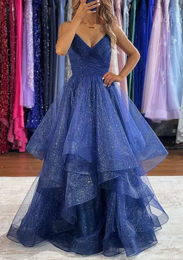 V-Neck Sleeveless Tulle Long Prom Dress/Evening Dress with Ruffles and Glitter Simple gentle atmospheric and unique design
