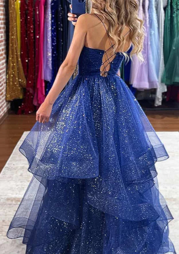 V-Neck Sleeveless Tulle Long Prom Dress/Evening Dress with Ruffles and Glitter Simple gentle atmospheric and unique design
