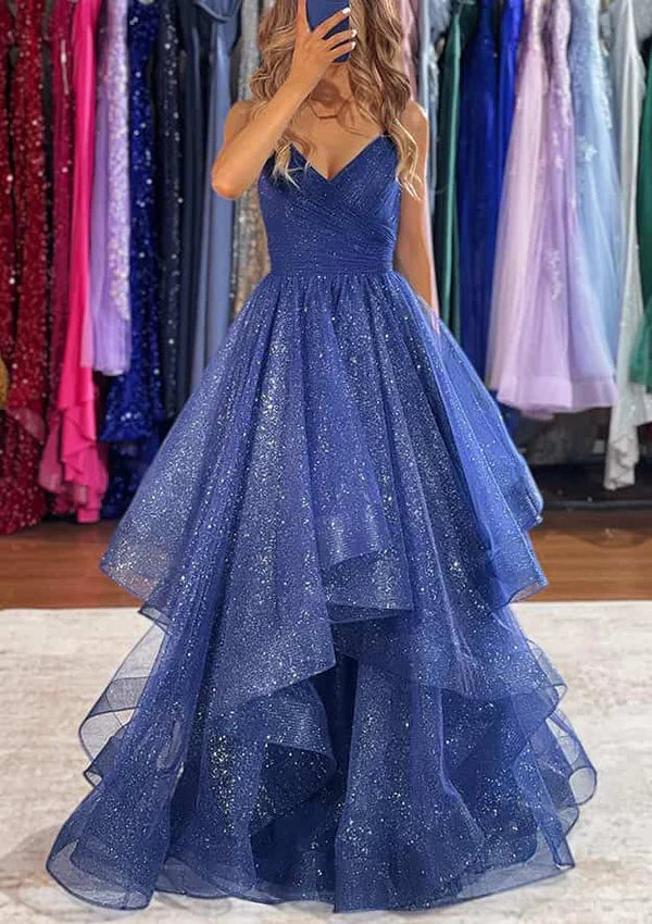 V-Neck Sleeveless Tulle Long Prom Dress/Evening Dress with Ruffles and Glitter Simple gentle atmospheric and unique design