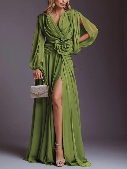 V-Neck Solid Chiffon Maxi Dress simple gentle atmospheric and unique desi Bring summer colors to enhance whiteness