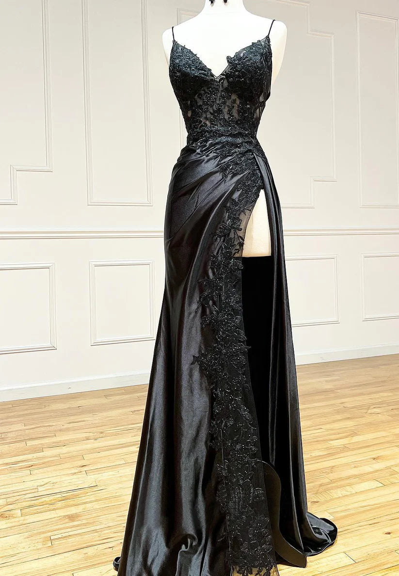 V-Neck Spaghetti Straps Appliques Ruched High Slit Prom Dress simple gentle atmospheric and unique desi Bring summer colors to enhance whiteness