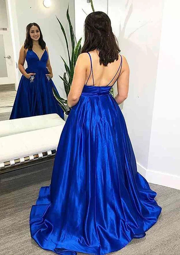 V-Neck Spaghetti Straps Ball Gown Satin Prom Dress/Evening Dress with Pockets & Beading Simple gentle atmospheric and unique design