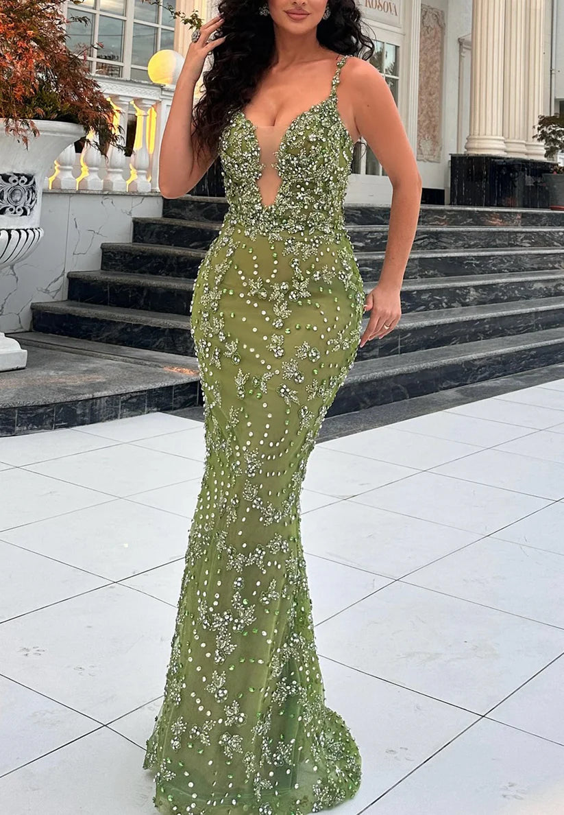 V-Neck Spaghetti Straps Beaded Emboridery Prom Dress Mermaid Evening Dress simple gentle atmospheric and unique desi Bring summer colors to enhance whiteness