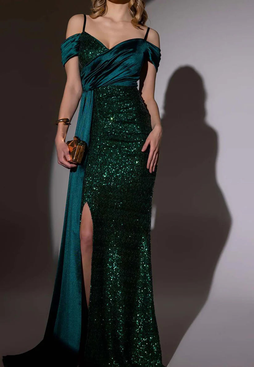 V-Neck Spaghetti Straps Sequins Side Slit Sheath Formal Dress simple gentle atmospheric and unique desi Bring summer colors to enhance whiteness