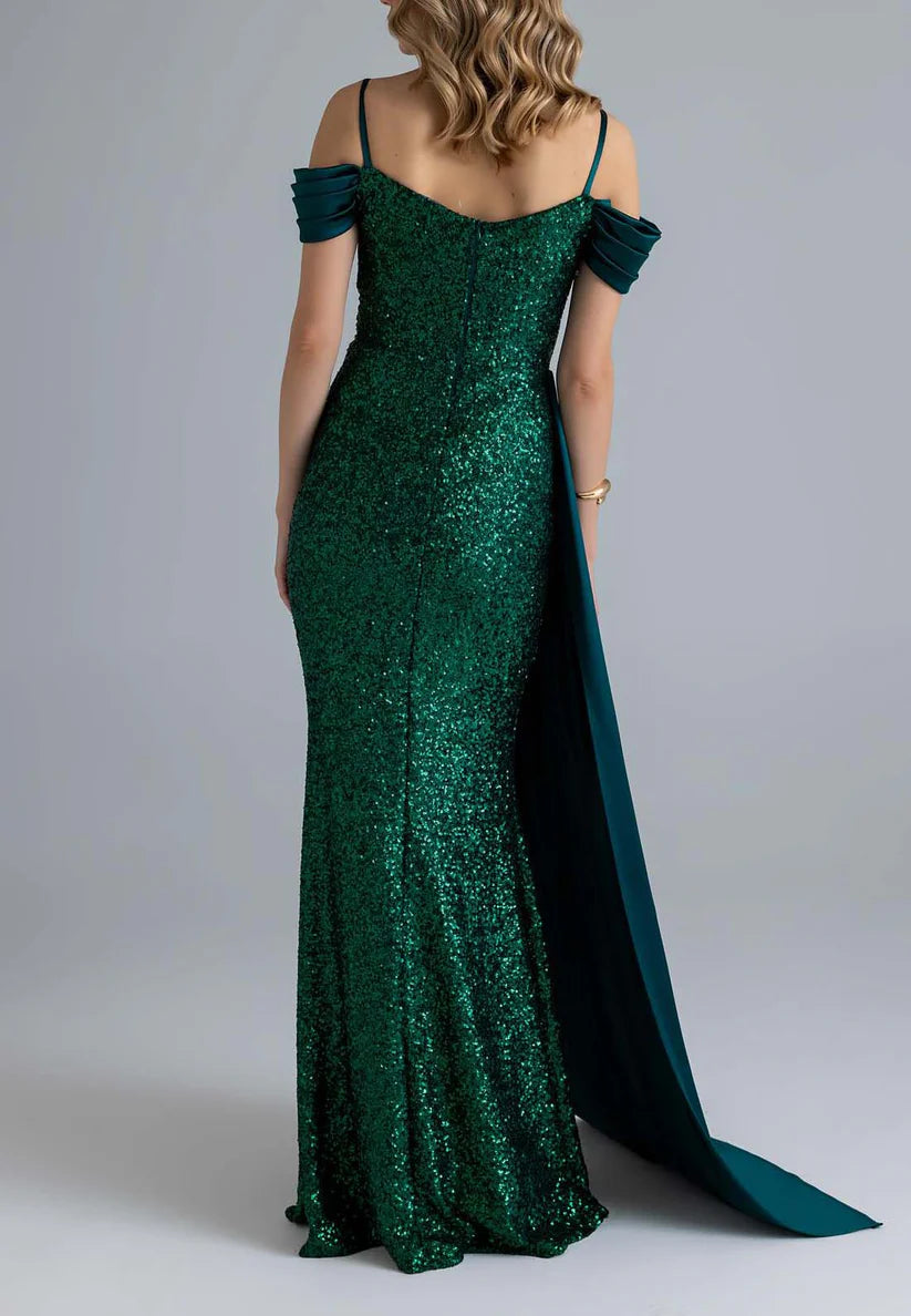 V-Neck Spaghetti Straps Sequins Side Slit Sheath Formal Dress simple gentle atmospheric and unique desi Bring summer colors to enhance whiteness