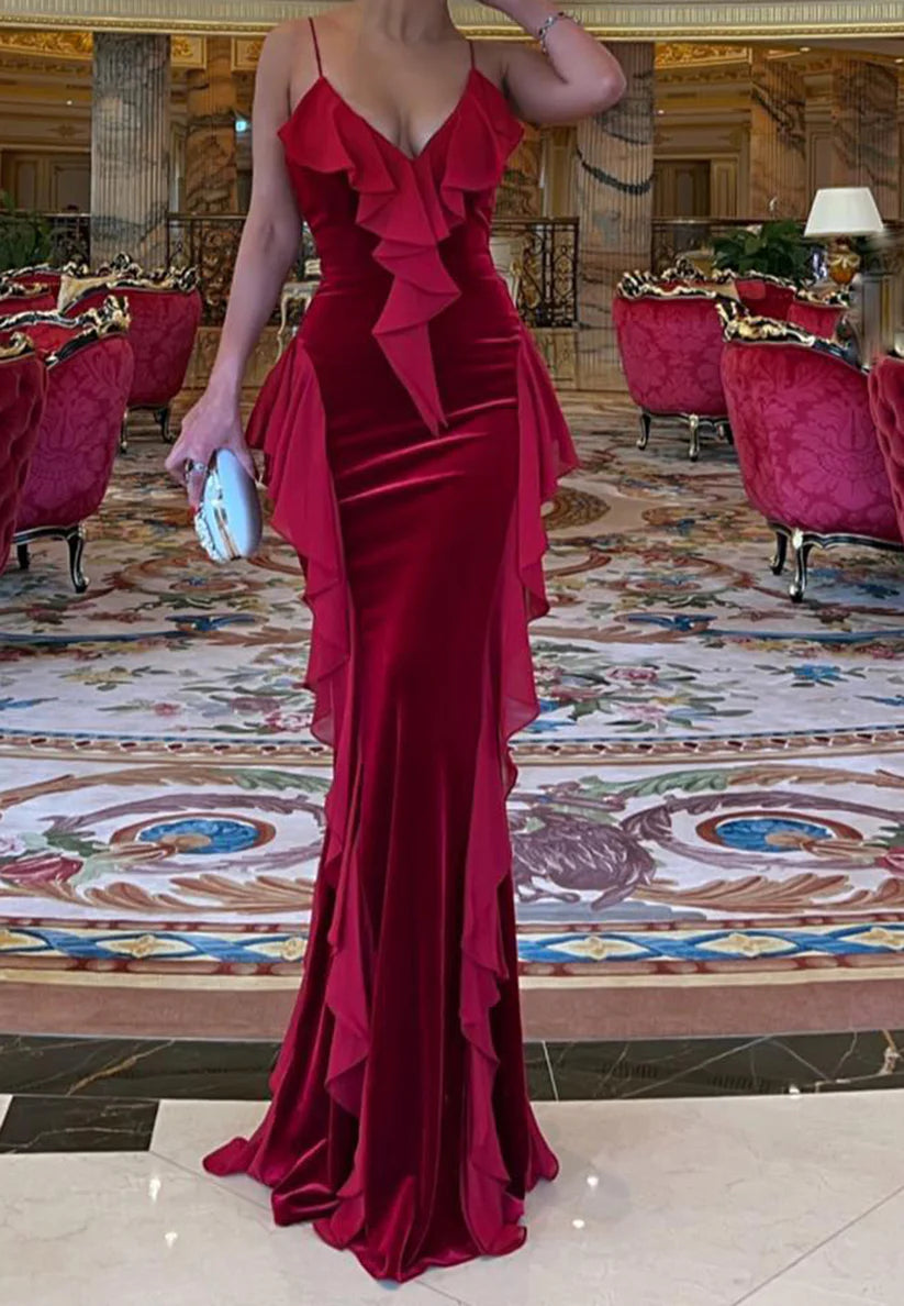 V-Neck Spaghetti Straps Velvet Ruffled Mermaid Evening Dress simple gentle atmospheric and unique desi Bring summer colors to enhance whiteness
