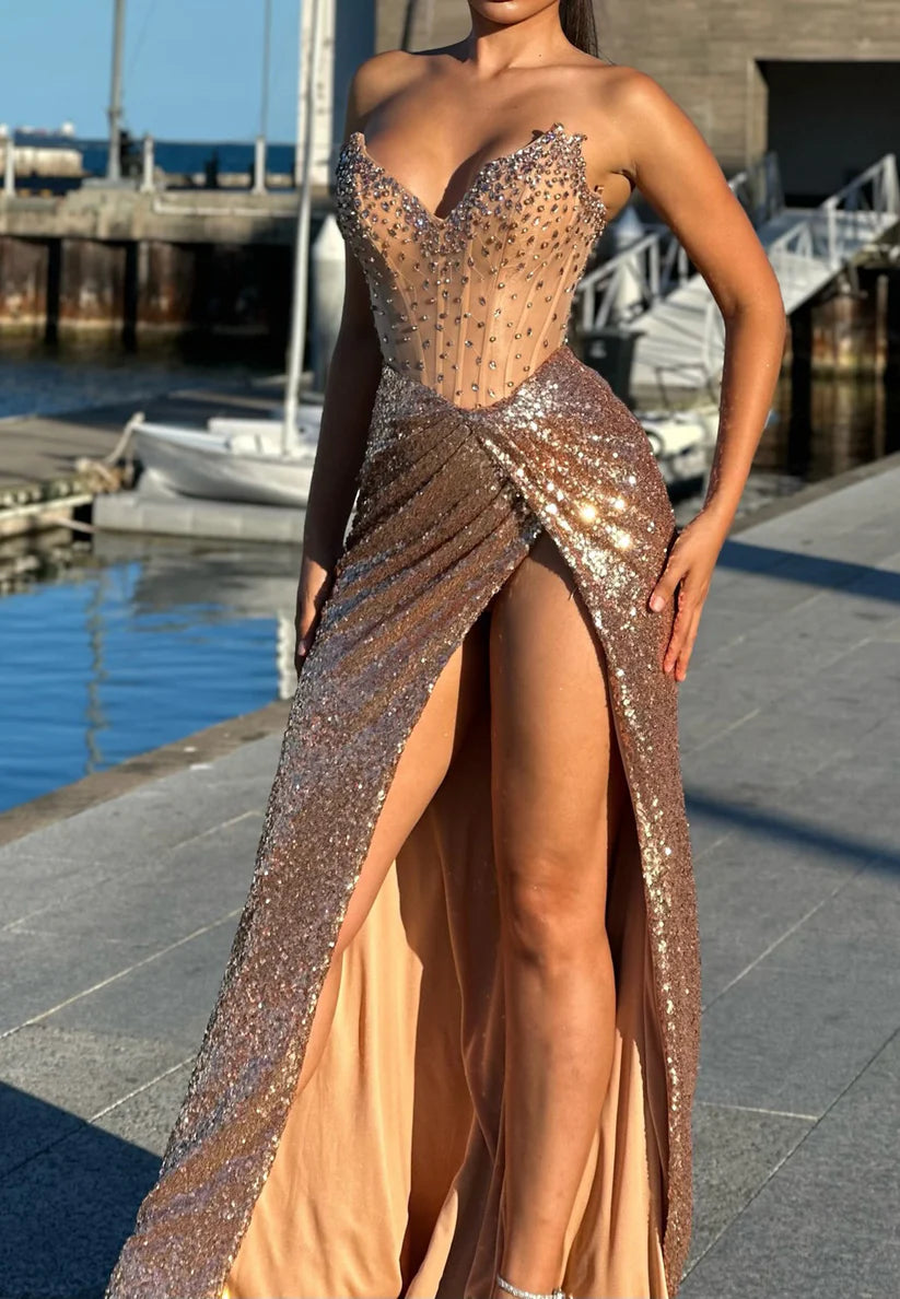 V-Neck Strapless Beaded Sequins Sparkly Sheath Prom Dress simple gentle atmospheric and unique desi Bring summer colors to enhance whiteness