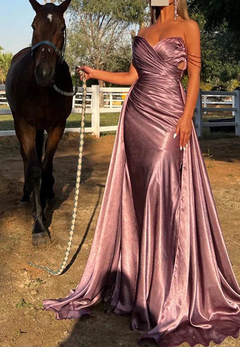 V-Neck Strapless Pleated Sleek Sheath Prom Dress simple gentle atmospheric and unique desi Bring summer colors to enhance whiteness