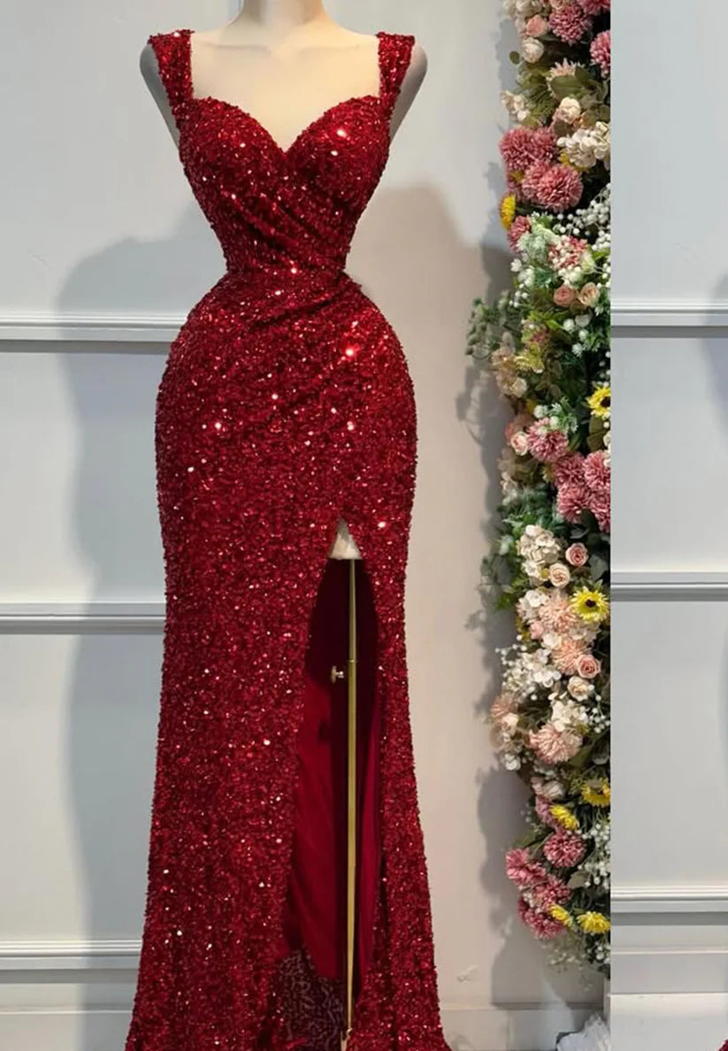 V-Neck Straps Beaded Emboridery Side Slit Sparkly Prom Dress simple gentle atmospheric and unique desi Bring summer colors to enhance whiteness
