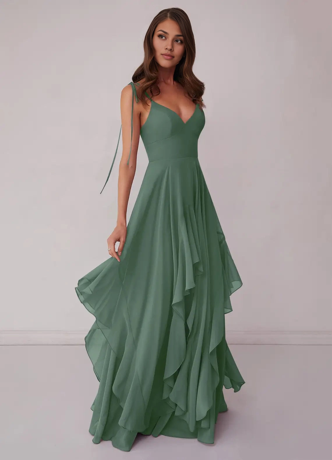 V-neck Chiffon Tiered A-line Dress Eucalyptus simple gentle atmospheric and unique desi Bring summer colors to enhance white