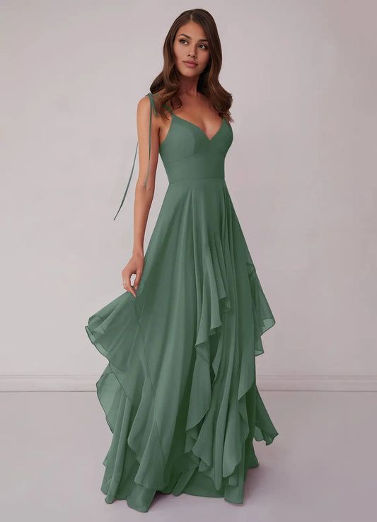 V-neck Chiffon Tiered A-line Dress Eucalyptus simple gentle atmospheric and unique desi Bring summer colors to enhance white