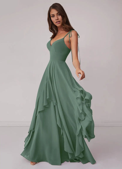 V-neck Chiffon Tiered A-line Dress Eucalyptus simple gentle atmospheric and unique desi Bring summer colors to enhance white