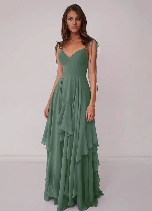 V-neck Chiffon Tiered A-line Dress Eucalyptus simple gentle atmospheric and unique desi Bring summer colors to enhance white