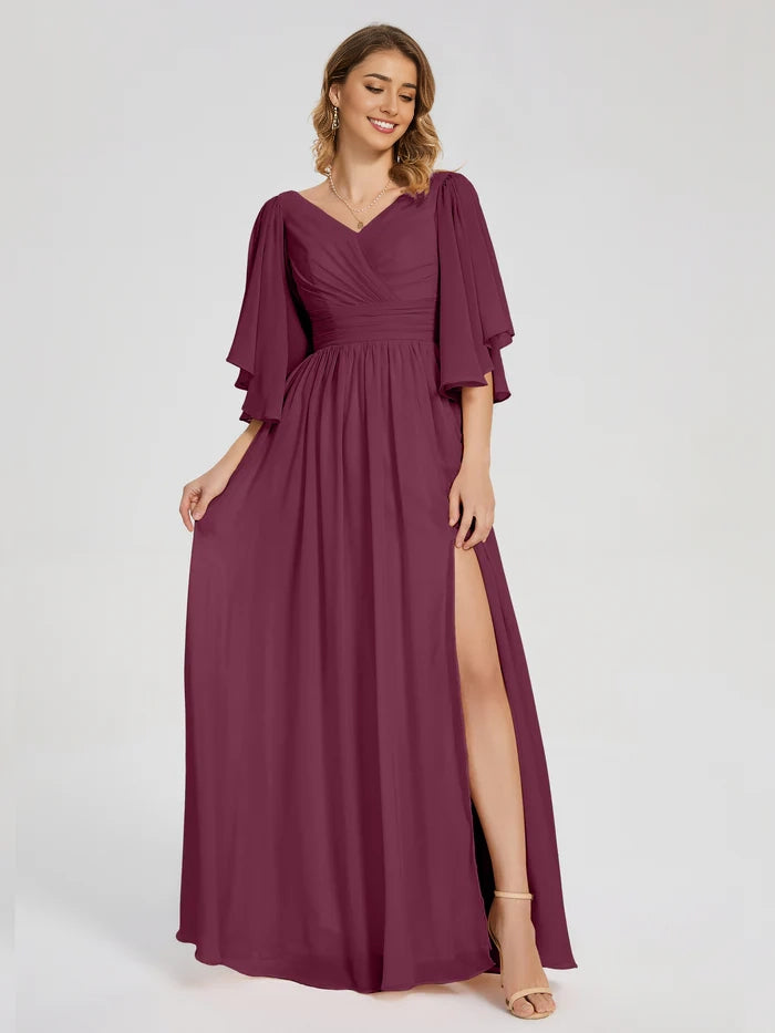 V-neck Half Sleeves Slit Bridesmaid Dress simple gentle atmospheric and unique desi Bring summer colors to enhance whitenessV-neck Half Sleeves Slit Bridesmaid Dress simple gentle atmospheric and unique desi Bring summer colors to enhance whiteness