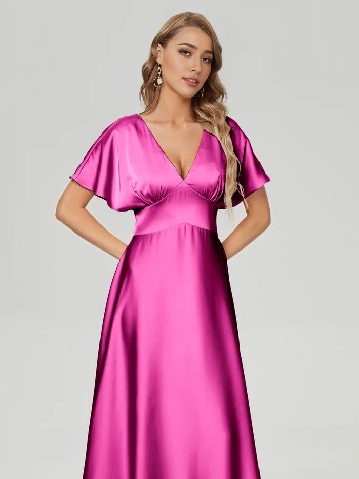 V-neck Short Sleeves Soft Satin Bridesmaid Dress simple gentle atmospheric and unique desi Bring summer colors to enhance whiteness