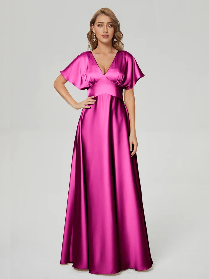 V-neck Short Sleeves Soft Satin Bridesmaid Dress simple gentle atmospheric and unique desi Bring summer colors to enhance whiteness