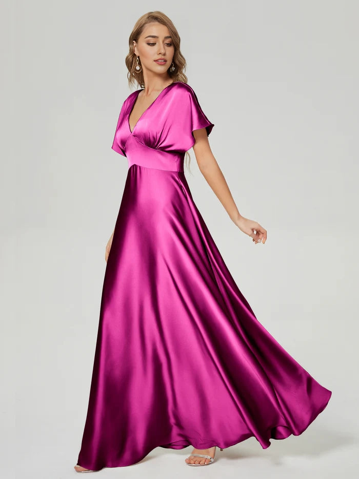 V-neck Short Sleeves Soft Satin Bridesmaid Dress simple gentle atmospheric and unique desi Bring summer colors to enhance whiteness