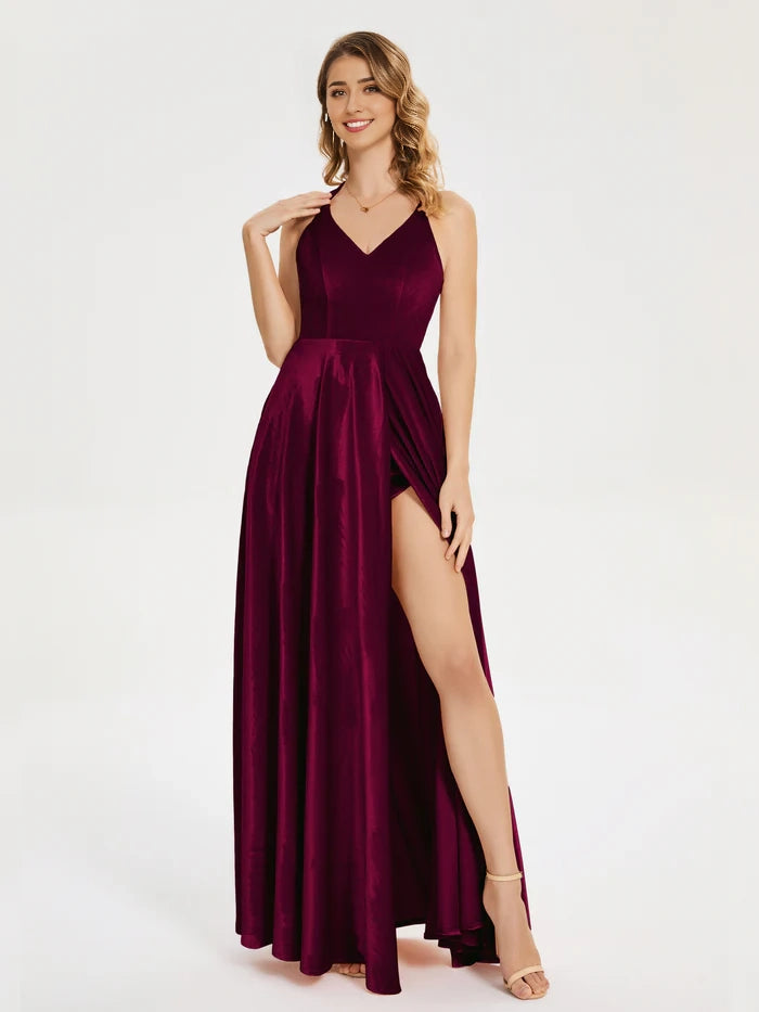V-neck Straps Velvet Bridesmaid Dress with Slit simple gentle atmospheric and unique desi Bring summer colors to enhance whiteness