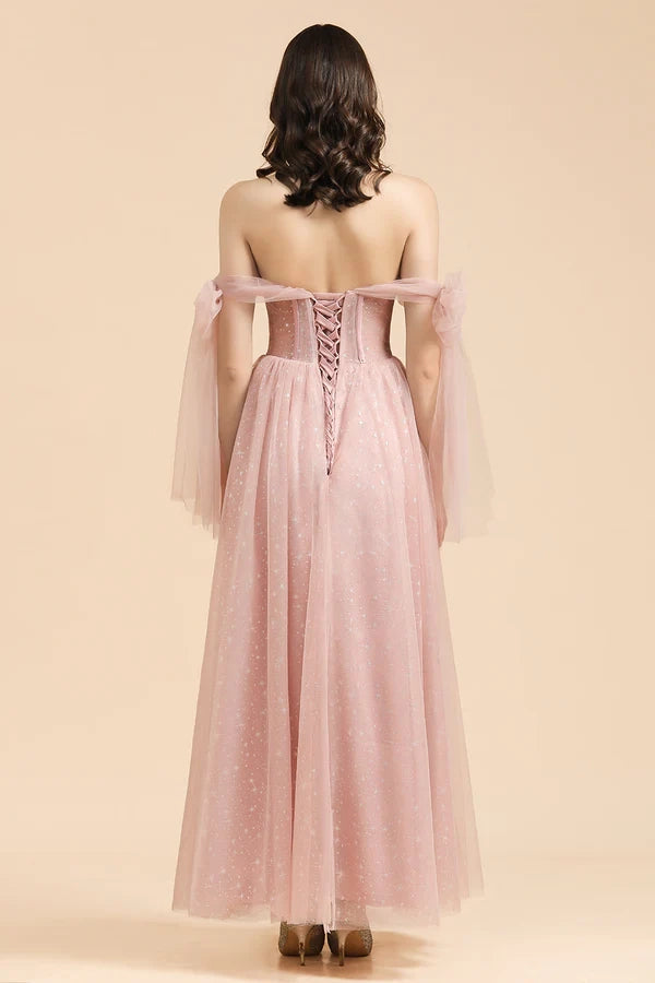 V-neck Tulle Long Evening Pink Prom Dress Simple gentle atmospheric and unique design