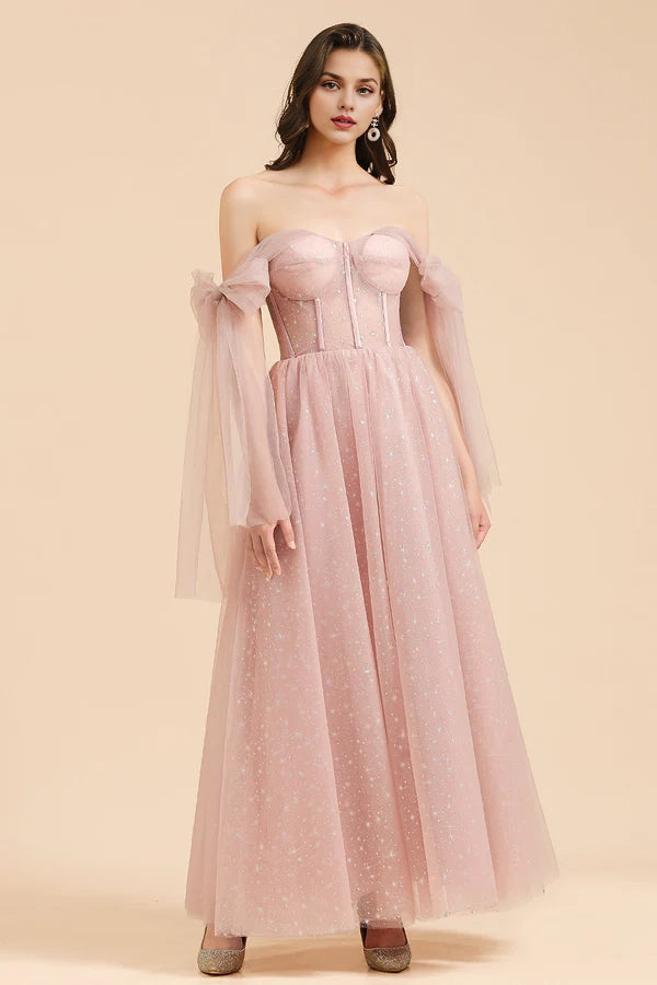 V-neck Tulle Long Evening Pink Prom Dress Simple gentle atmospheric and unique design