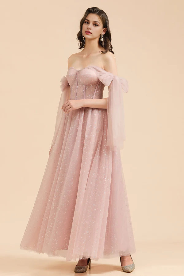 V-neck Tulle Long Evening Pink Prom Dress Simple gentle atmospheric and unique design