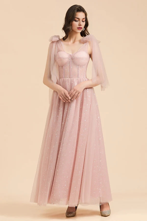 V-neck Tulle Long Evening Pink Prom Dress Simple gentle atmospheric and unique design
